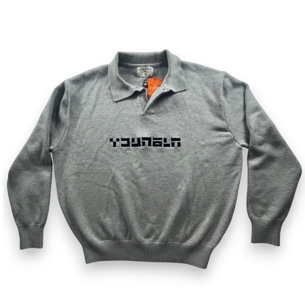 YoungLA 508 Knit Polo Sweater Mens Medium Grey Embroidered Logo YLA2545 NWT